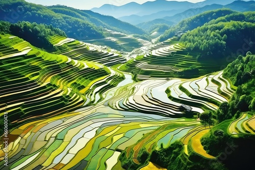 Abstract Landscape Of Colorful Rice Terraces, Showcasing Patterns In Nature And Lush Green Hills Or Valleys Artistic Representation