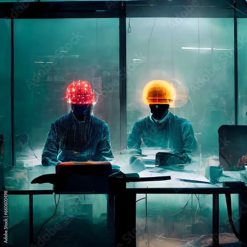 surreal photograph of workers at glass desks with futuristic lightmesh on their heads and their desk monitors have images of therapeutic combat 