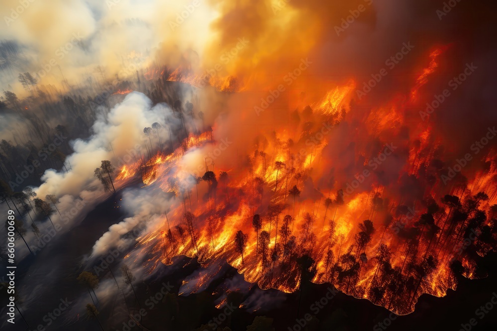 A Large Fire Burning In A Forest Filled With Trees