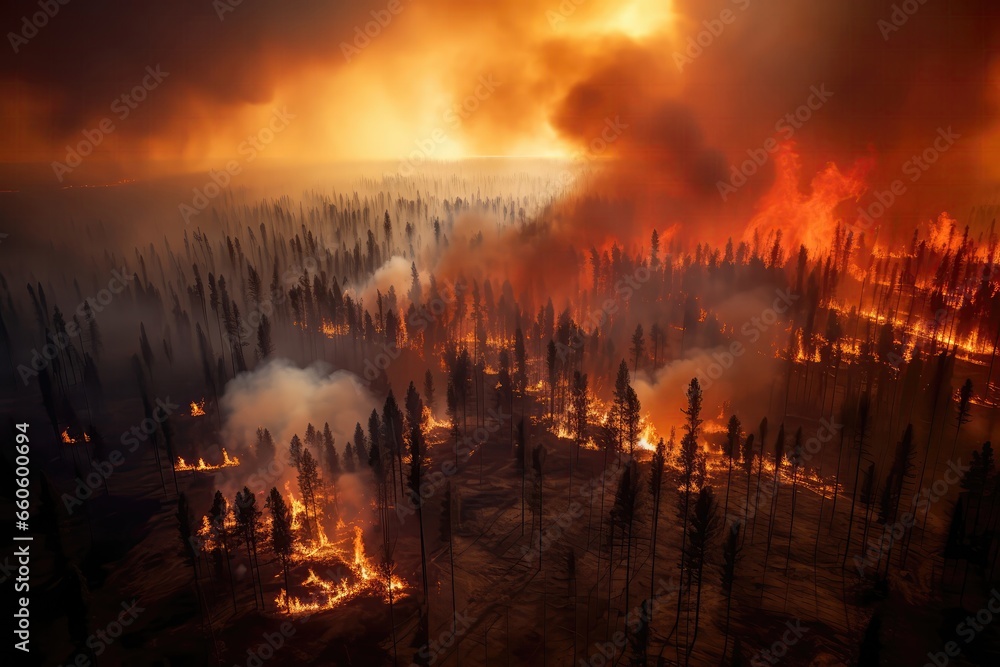 Aerial Photography Of Massive Forest Fire In Canada In , With Drones Top View Showcasing Wildfire, Smoke, And Burning Trees Highlights Ecological Catastrophe