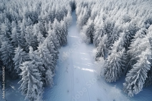 Aerial Perspective Of Snowcovered Woodland, Captured By Drone During Winter Aerial Photography Of Forest In Snow © Anastasiia