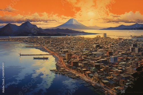An image of Hakodate Goryokaku and Mount Hakodate. Generative AI photo