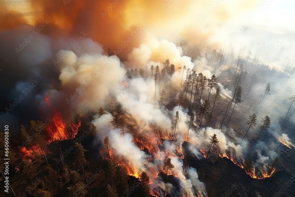 Aerial View Of Massive Forest Fire, Captured By Drone From The Height Of Birds Flight, Showing Smoke And Burning Trees Portrays Ecological Catastrophe