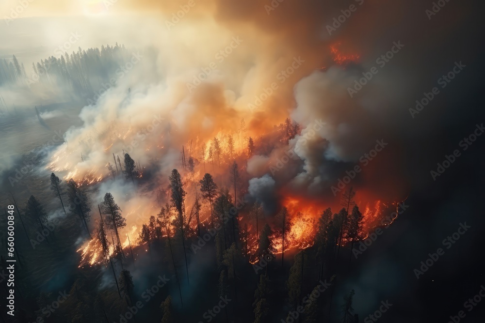 Aerial View Of Massive Forest Fire, Captured By Drone From The Height Of Birds Flight, Showing Smoke And Burning Trees Portrays Ecological Catastrophe
