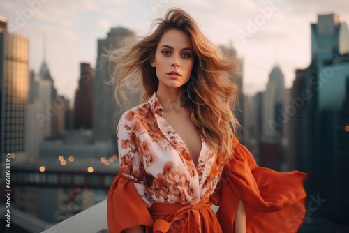 photo of a beautiful supermodel demonstrating a stylish spring collection of clothes in a big city against the backdrop of skyscrapers