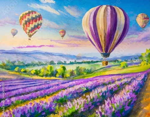 hot air balloons flying over a field of purple flowers