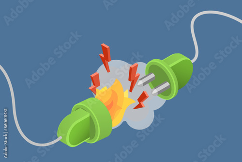 3D Isometric Flat Vector Conceptual Illustration of Burning Electrical Outlet, Electrical Safety