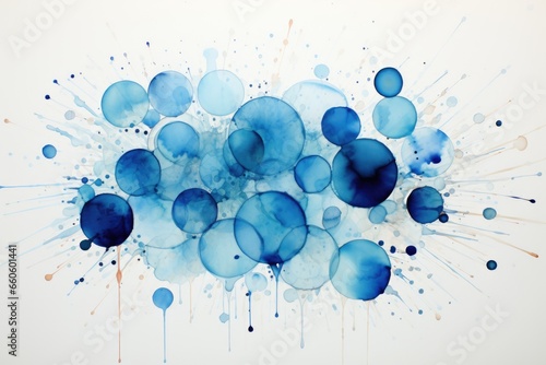 A painting of blue bubbles on a white background. Imaginary illustration.