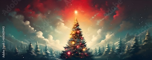 Enchanted Winter Night: Illuminated Snow-Covered Christmas Trees Under Starry Sky. generative ai