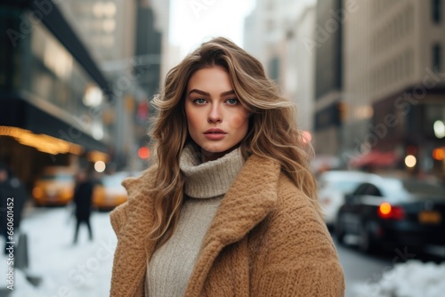 photo of a beautiful woman in stylish warm clothes against the backdrop of a big city. Fashion and style concept