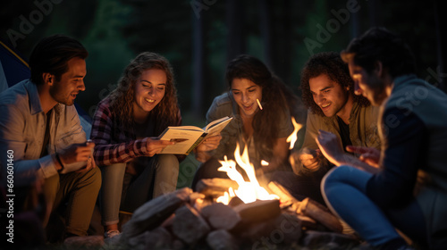 Group of friends read a book while camping in a tent in the countryside