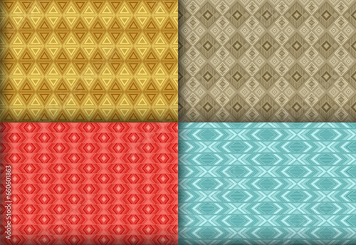 Rich geometric argyle seamless tracery collection. Islamic motif ethnic patterns. Argyle ikat geometric vector seamless backdrop set. Monochrome background swatches.