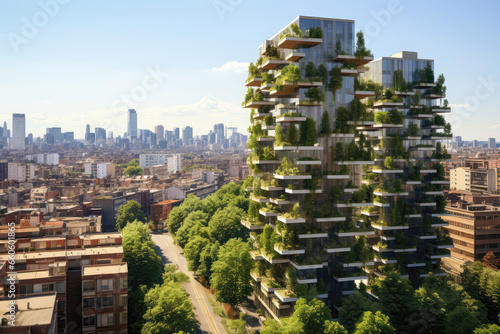 Aerial View Of The Neighbourhood With Vertical Forest  Residential Houses With Balconies Decorated With Trees And Plants