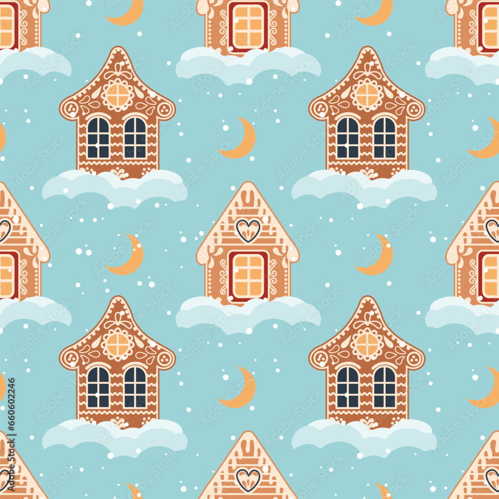 Christmas background of gingerbread houses with snow and moon. Seamless pattern in flat cartoon style. Vector