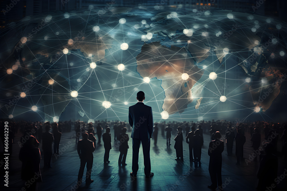 Goal. businessman standing with virtual graphic network diagram, digital online marketing, internet connection, business competition, cyber technology, business strategy concept. Generative AI - obrazy, fototapety, plakaty 