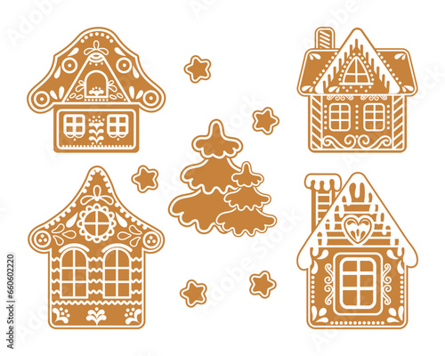 A set of cute gingerbread houses. Festive decor elements, traditional symbols illustration in flat cartoon style. Vector