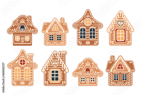 A set of cute gingerbread houses. Festive decor elements, traditional symbols illustration in flat cartoon style. Vector