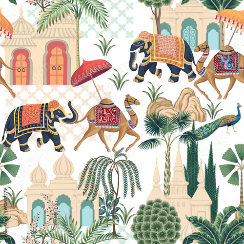 Elephant, peacock, camel and architecture in the town oriental seamless pattern. Indian wallpaper.