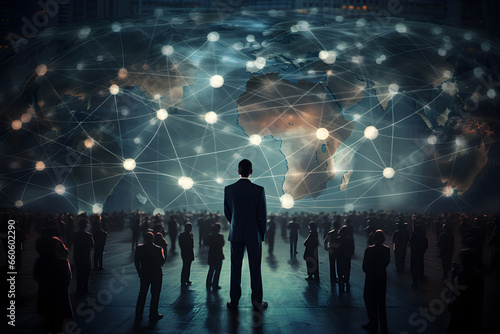 Goal. businessman standing with virtual graphic network diagram, digital online marketing, internet connection, business competition, cyber technology, business strategy concept. Generative AI