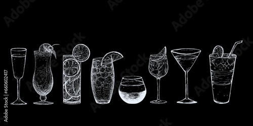 Alcoholic cocktail set. Hand drawn vector sketch. Engraved style. Hand drawn glasses with drink. Mojito, lemonade, martini, champagne, fruit tea, Blue Lagoon, Pina colada, Collins.