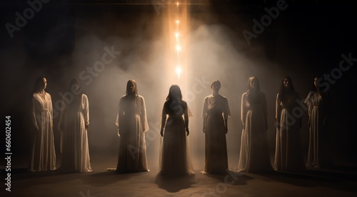 Individuals adorned in white robes, bathed in a divine golden light. The radiant god rays envelop them, symbolizing their ascension and the welcoming embrace of heaven. photo