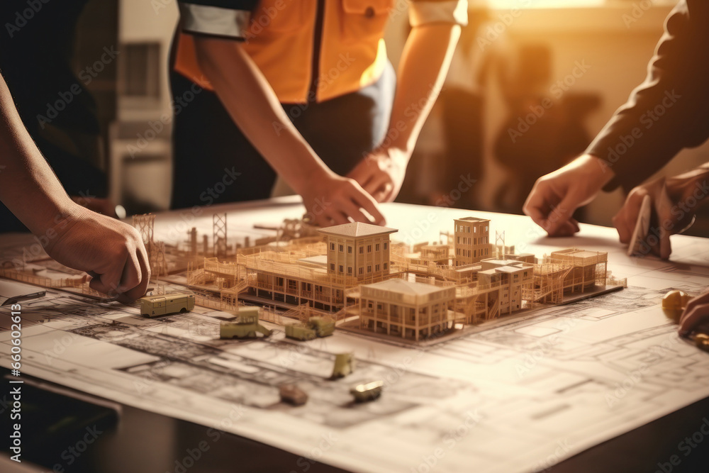 construction worker team planning building plan with blueprint and construction tool on conference table at construction site, contractor, business, industry, construction concept. Generative AI construction worker team planning building plan with blueprint and construction tool on conference table at construction site, contractor, business, industry, construction concept. Generative AI