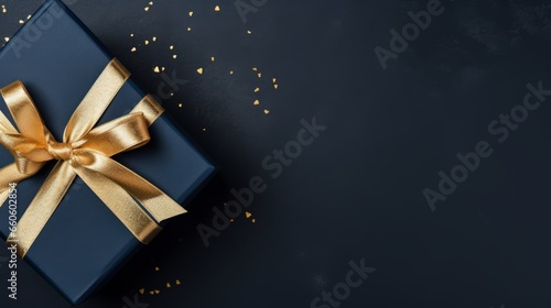 Dark Blue Gift Box with Golden Ribbon on Matching Background: Top View with Copy Space for Mockup photo