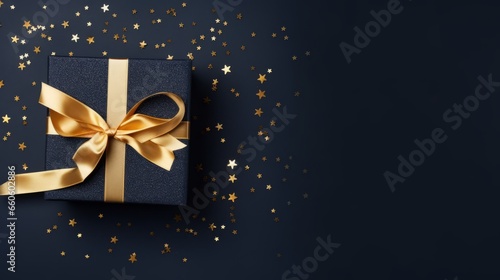 Dark Blue Gift Box with Golden Ribbon on Matching Background: Top View with Copy Space for Mockup