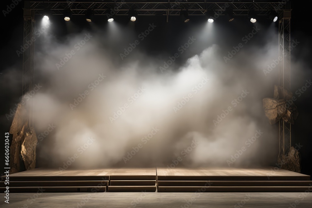 Ethereal Stage With Mist, Fog, And Brown Spotlights, Ideal For Showcasing Artistic Works And Products