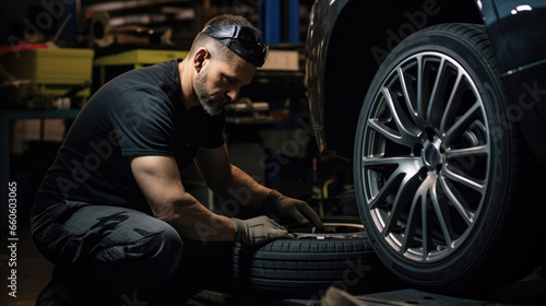 Car mechanic working in garage and changing wheel alloy tire. Repair or maintenance auto service. © MP Studio