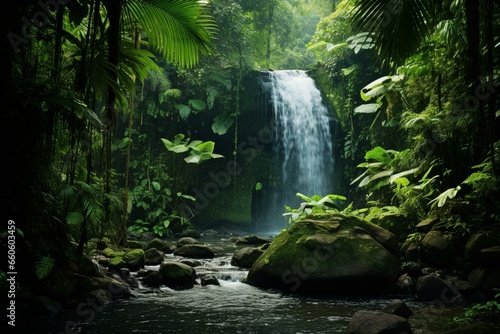 Jungle waterfall surrounded by lush greenery. Generative AI