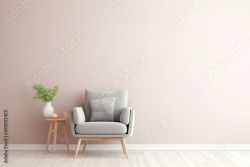 Scandinavian style living room. Gray armchair with cushion on light background. Generative AI
