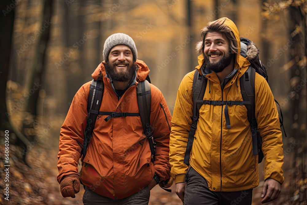Dos hombre jovenes con barba larga, sonrientes, con chubasqueros naranjas y amarillos, caminando por un bosque otoñal con hojas amarillas en el suelo Dos hombre jovenes con barba larga, sonrientes, con chubasqueros naranjas y amarillos, caminando por un bosque otoñal con hojas amarillas en el suelo