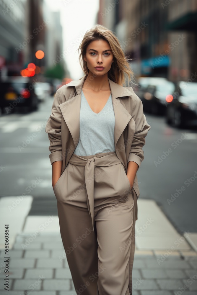 photo of a beautiful supermodel showing a stylish clothing collection in a big city against the backdrop of skyscrapers