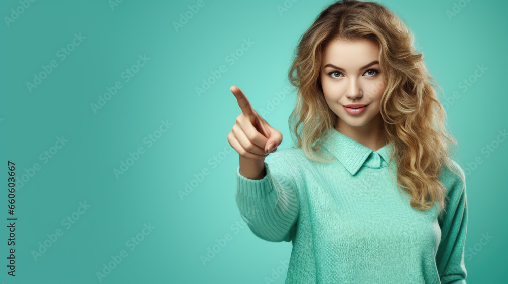 Young woman wearing casual clothes pointing with hand and finger to the side looking at the camera. Young woman wearing casual clothes pointing with hand and finger to the side looking at the camera.