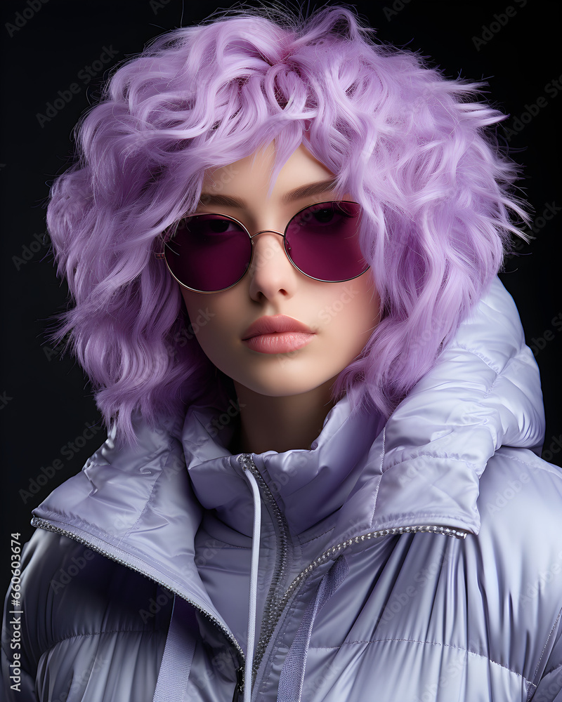 Female with purple hair closeup, fashion portrait