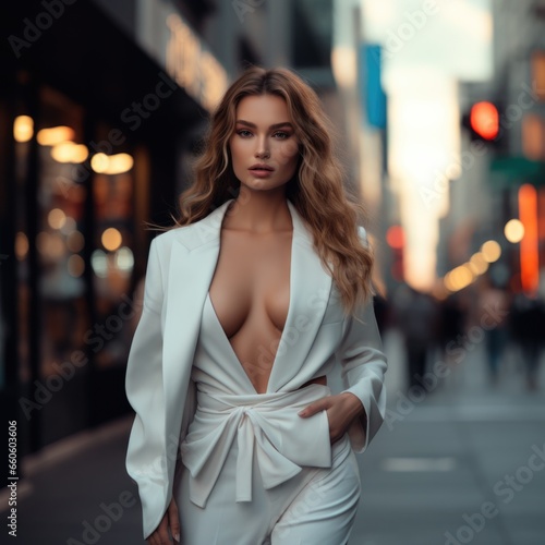 photo of a beautiful supermodel showing a stylish clothing collection in a big city against the backdrop of skyscrapers © koplesya