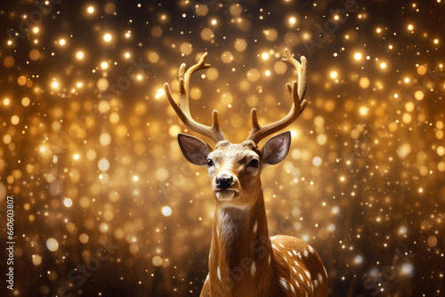 Christmas deer on bokeh lights background. Generative AI © barmaleeva