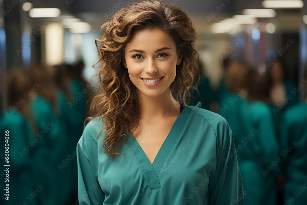 Fototapeta premium beautiful young woman in turquoise dress in the hospital corridor. ia generated