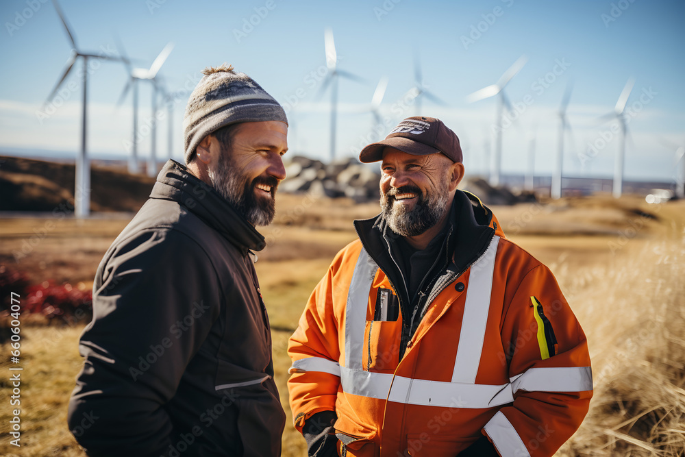 Two bearded men are standing on a field with wind turbines in the background. ia generated Two bearded men are standing on a field with wind turbines in the background. ia generated