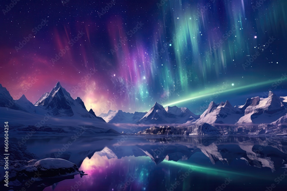 The Northern Lights Dance Over Snowy Mountains And A Lake