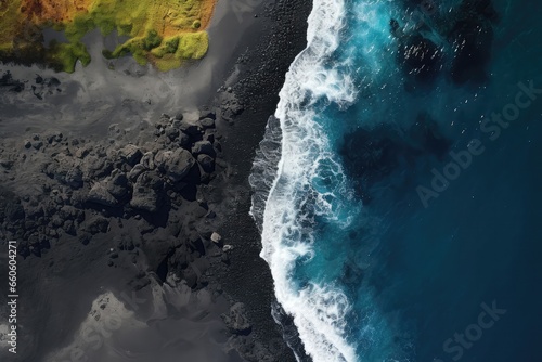 Panorama Of Black Volcanic Beach, Viewed From Both Aerial And Top Perspectives, Creating Beautiful Natural Backdrop