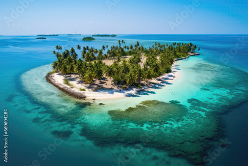 Aerial View Of Island In The Middle Of The Sea, Featuring Clear Blue Water And Lush Green Palm Trees . Сoncept Island Paradise, Tropical Oasis, Breathtaking Scenery, Aerial Perspective
