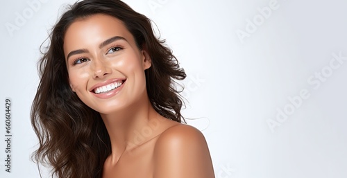 Portrait of young happy Brazilian woman, skin care beauty, skincare cosmetics, dental concept, isolated over white background. © Mladen