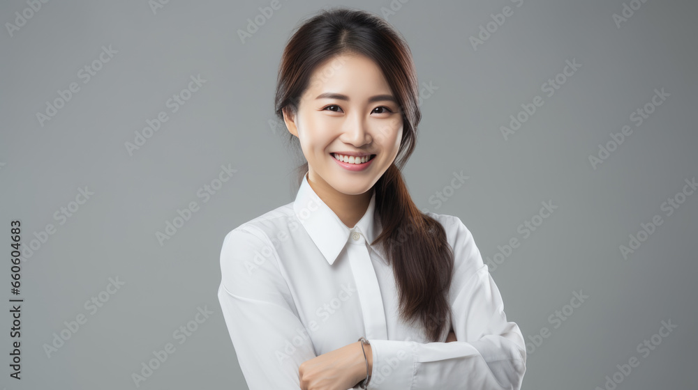 Successful businesswoman with crossed arms stands on a gray background. Successful businesswoman with crossed arms stands on a gray background.