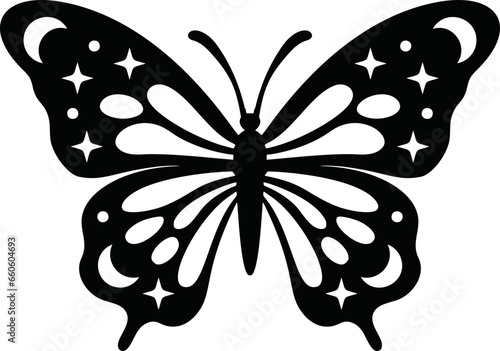 Monarch butterfly celestial star ornate lase silhouette vector icon. Beautiful black insect logo