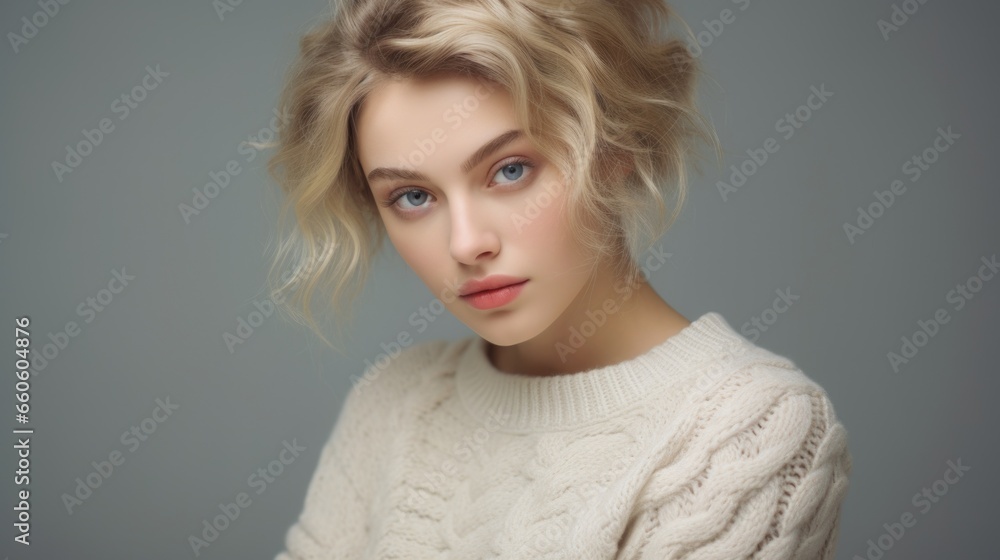 studio photo of a beautiful woman in a warm knitted sweater on a light background studio photo of a beautiful woman in a warm knitted sweater on a light background