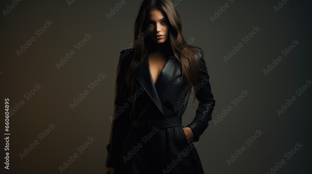 studio photo of a beautiful woman in a stylish raincoat on a dark background. Fashion and style concept studio photo of a beautiful woman in a stylish raincoat on a dark background. Fashion and style concept