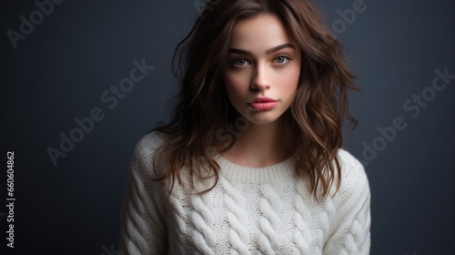 studio photo of a beautiful woman in a warm knitted sweater on a light background