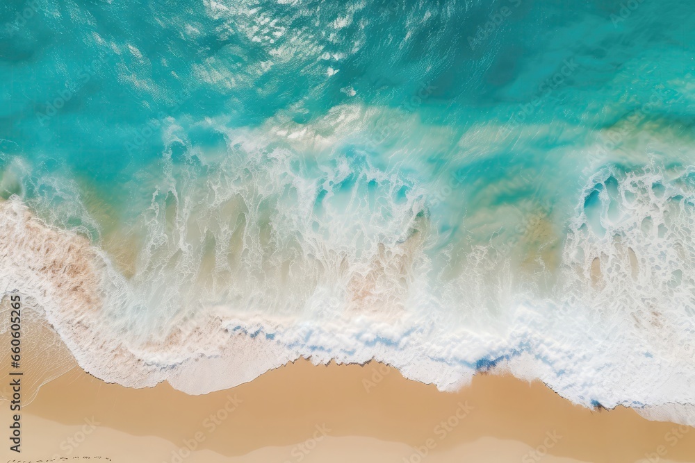 Fotografie Waves Crashing On Tropical Beach, Captured From Drones View